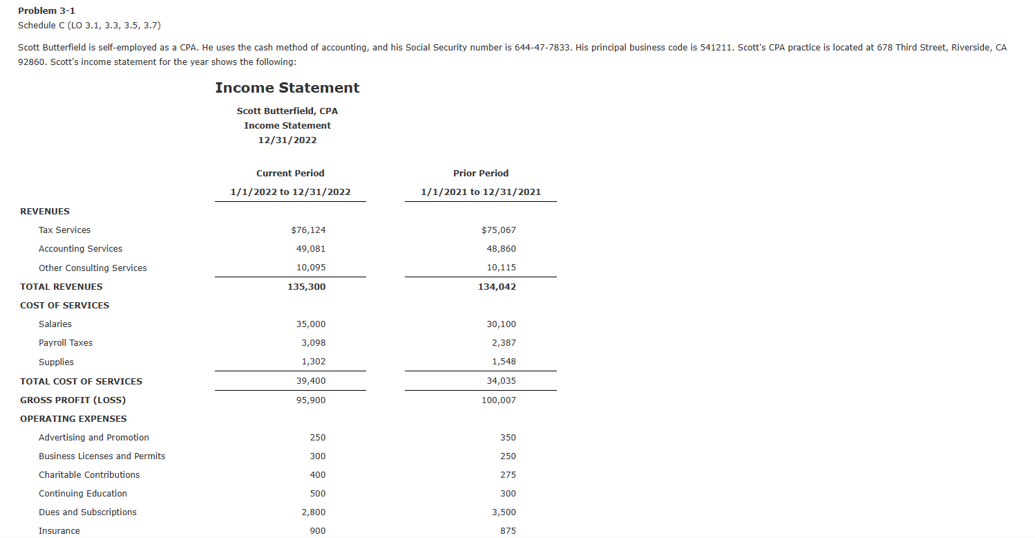 Problem 3-1 Schedule C (LO 3.1, 3.3, 3.5, 3.7)