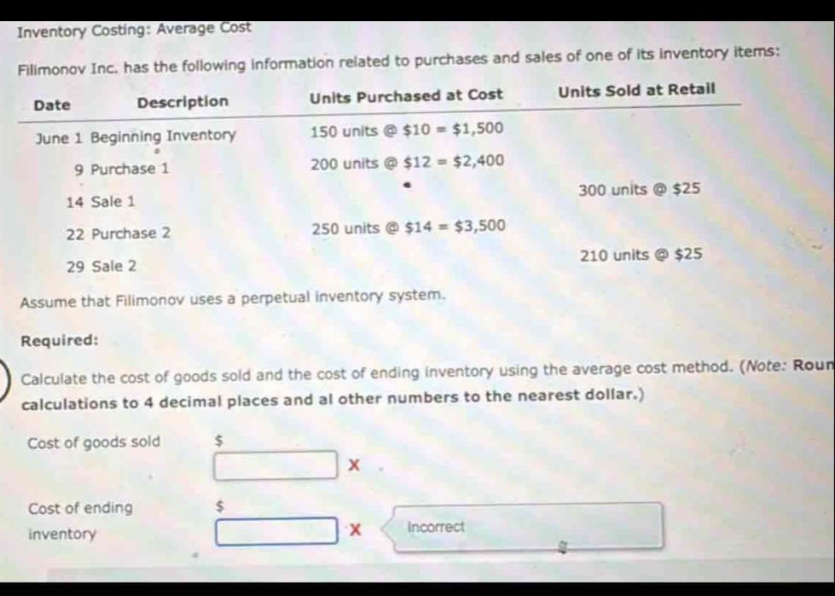 Inventory Costing: Average Cost Filimonov Inc.