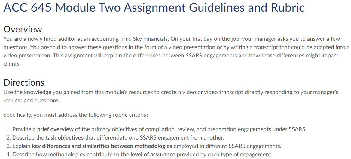 ACC 645 Module Two Assignment Guidelines and