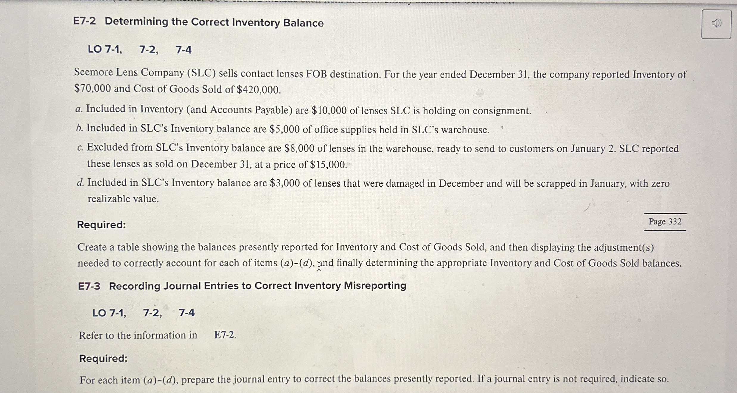 E 7 - 2 Determining the Correct Inventory Balance
