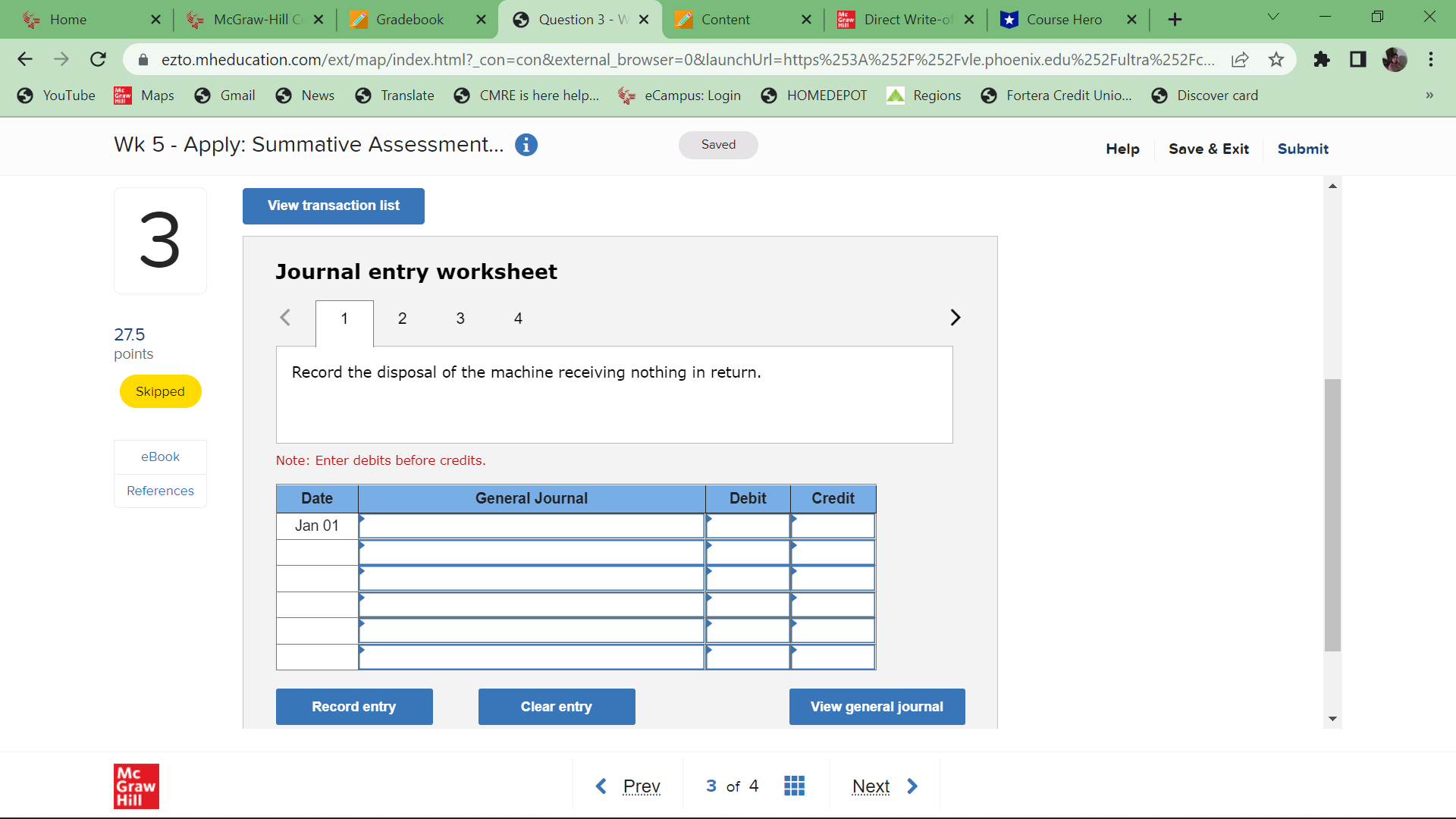 Home X McGraw-Hill C X Gradebook X Question 3 - W