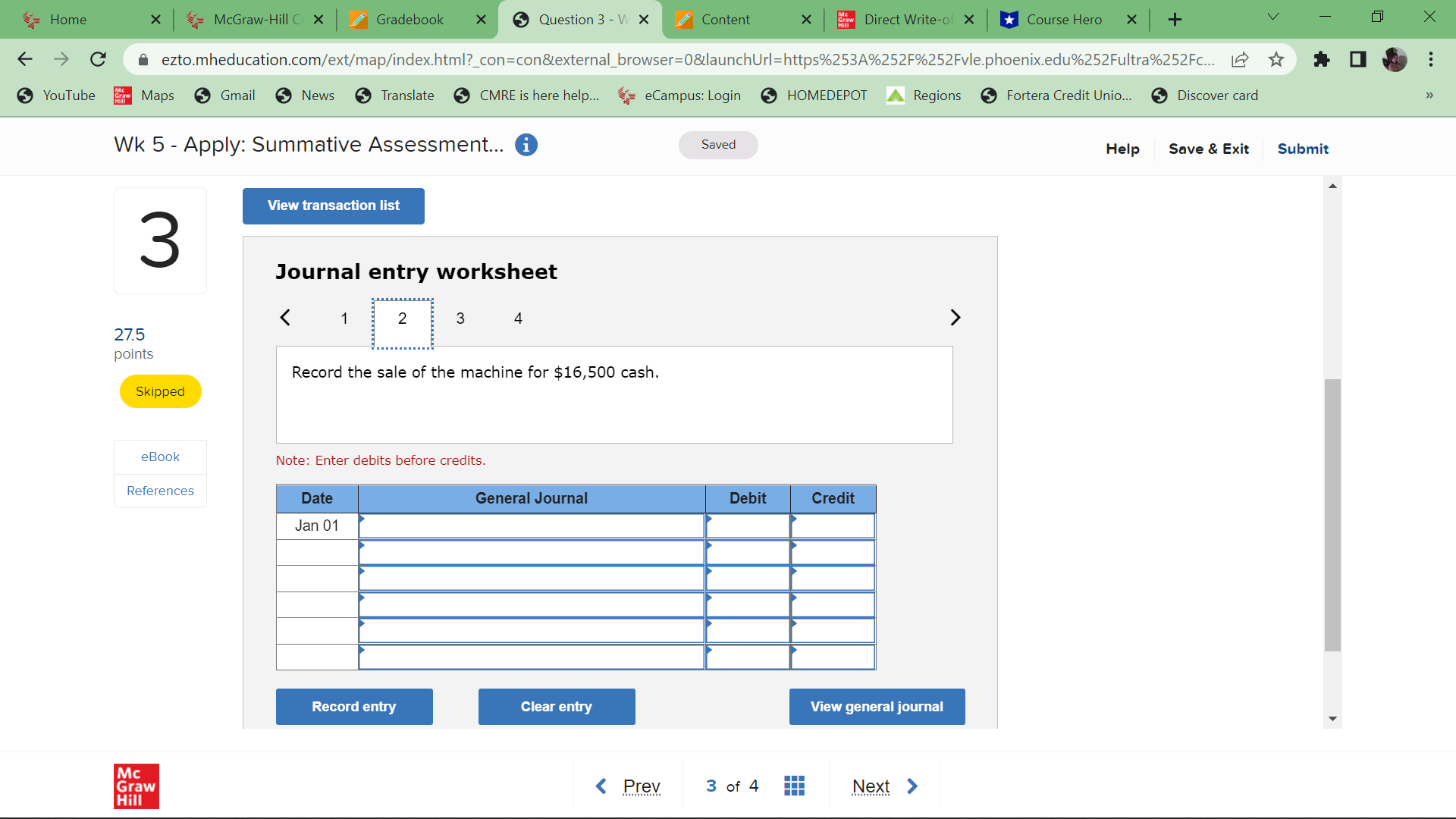 Home X McGraw-Hill C X Gradebook X Question 3 - W