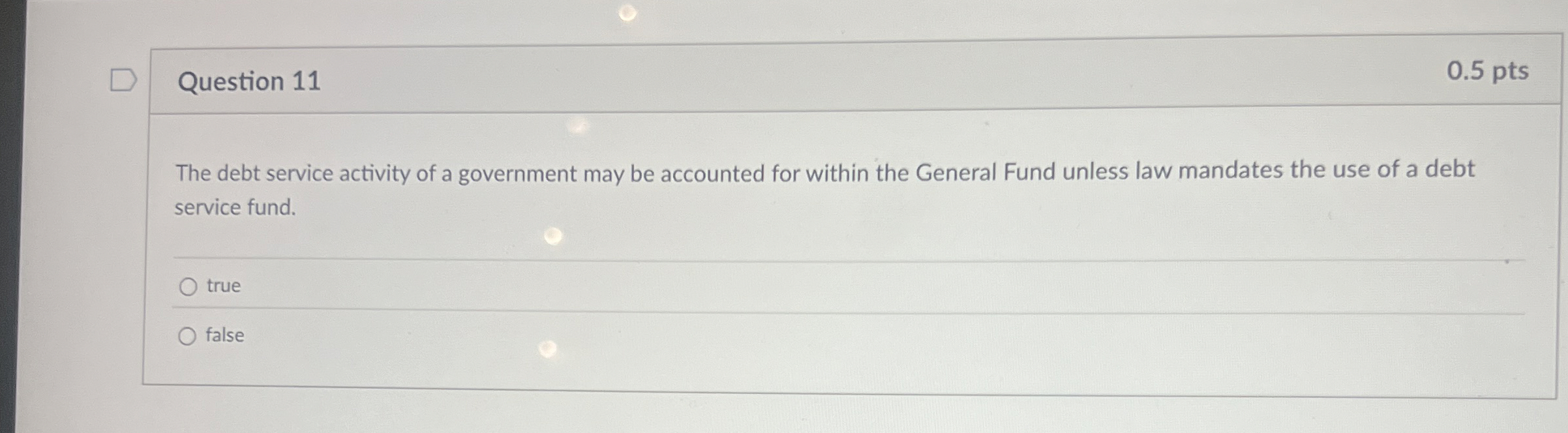 Question 1 1 0 . 5 pts The debt service activity