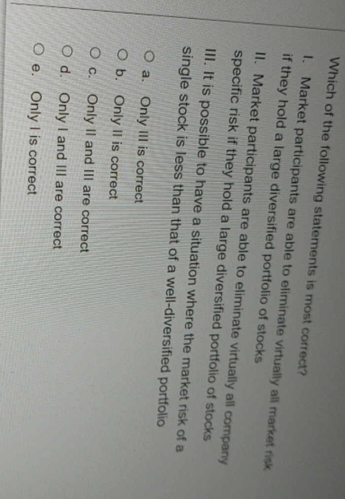 stock portfolio Which of the following statements