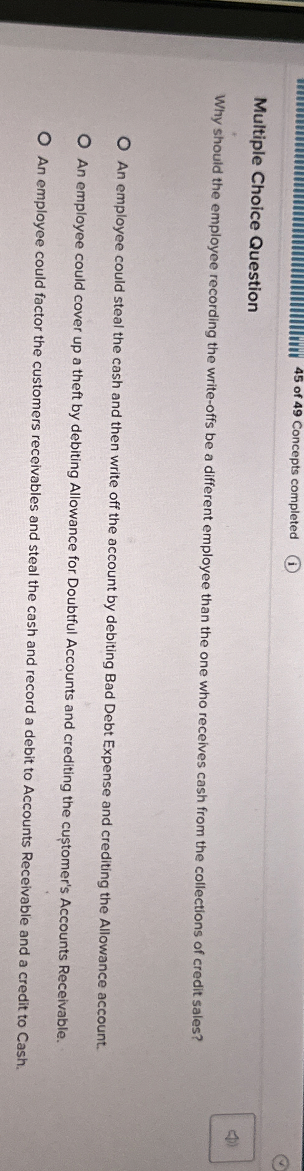4 5 of 4 9 Concepts completed Multiple Choice