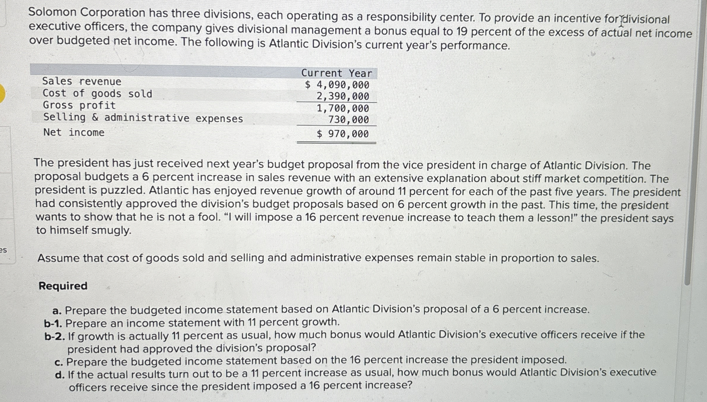 Solomon Corporation has three divisions, each