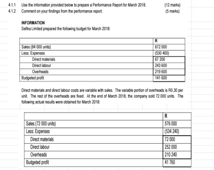 4 . 1 . 1 Use the information provided below to