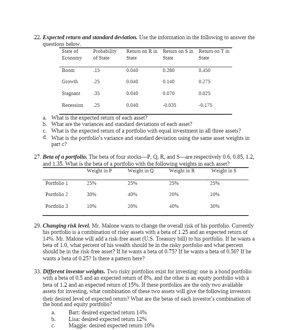 22. Expected return and standard deviation. Use