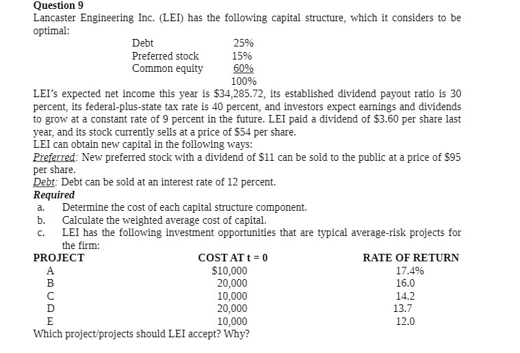 Question 0 Lancaster Engineering Inc. (LEI) has