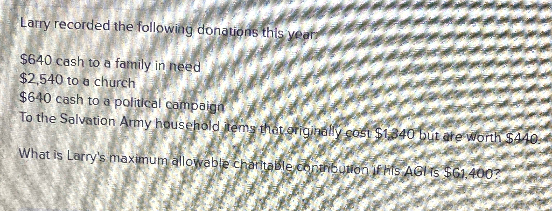 Larry recorded the following donations this year:
