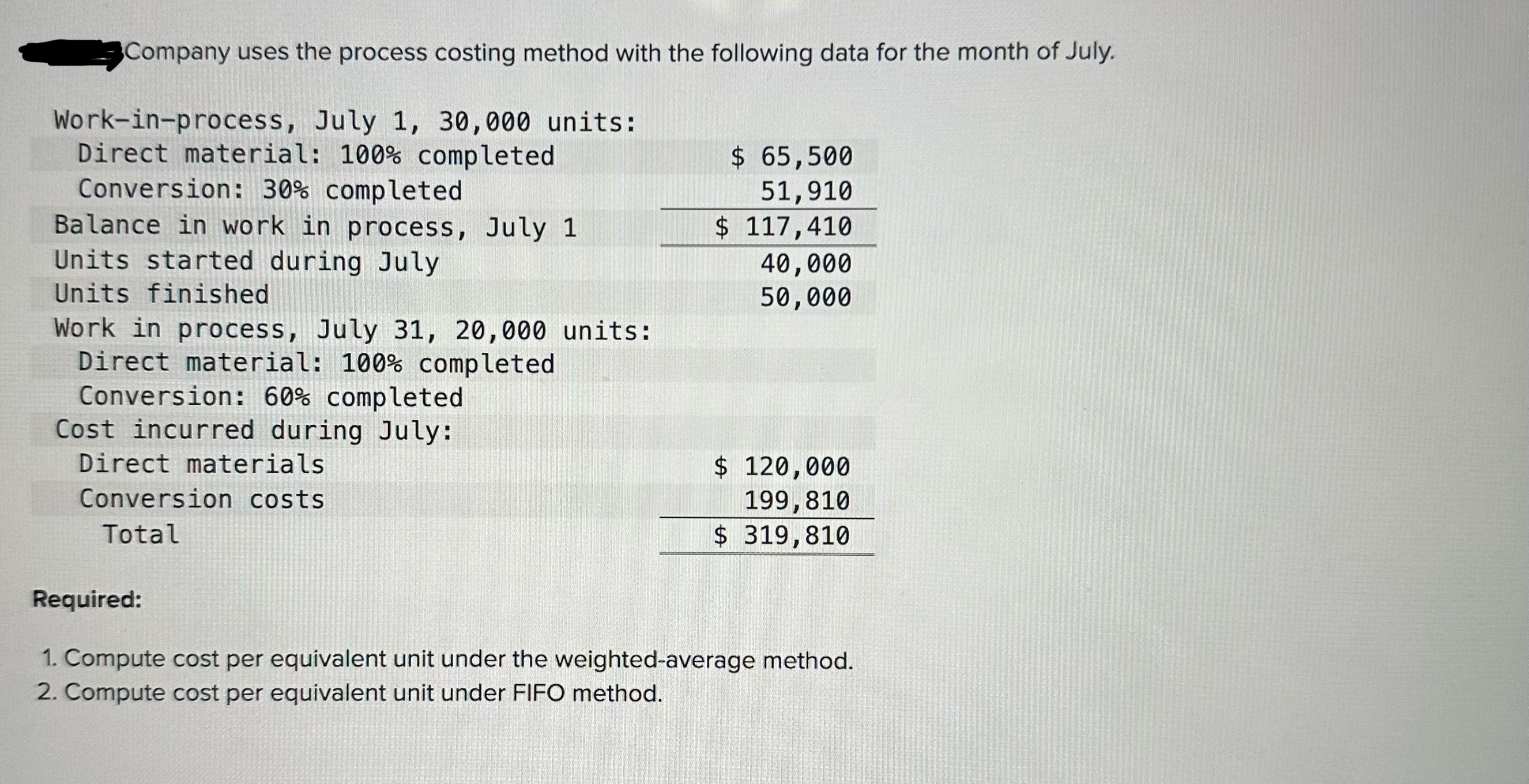 Company uses the process costing method with the