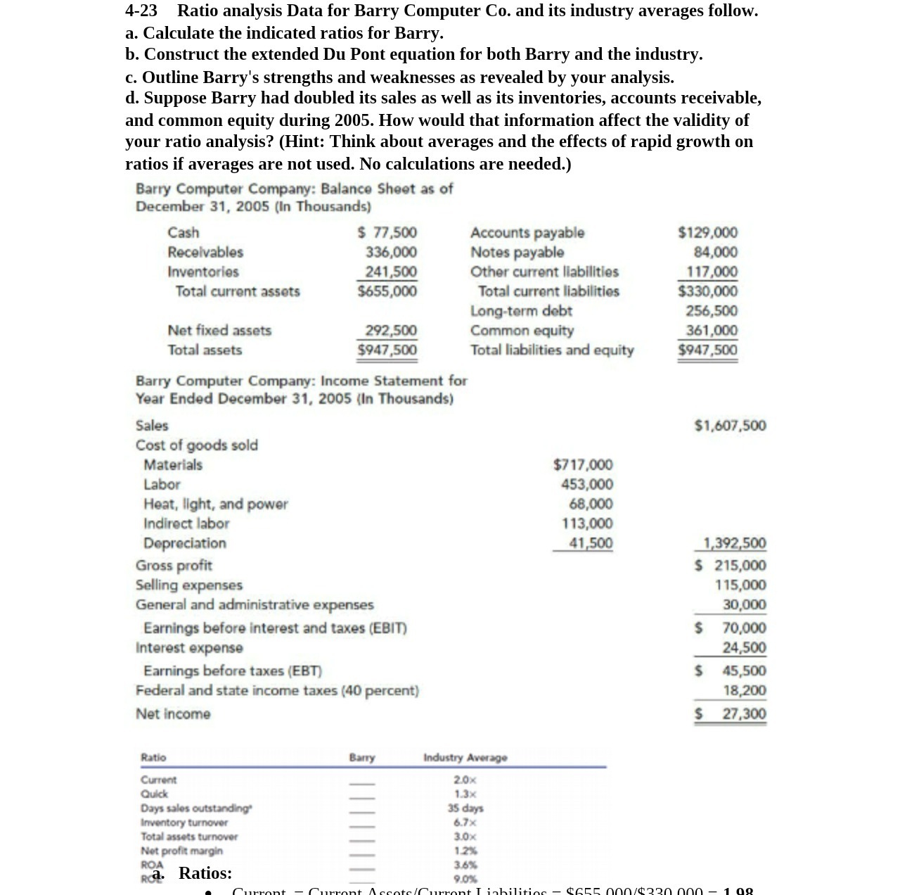 4-23 Ratio analysis Data for Barry Computer Co.
