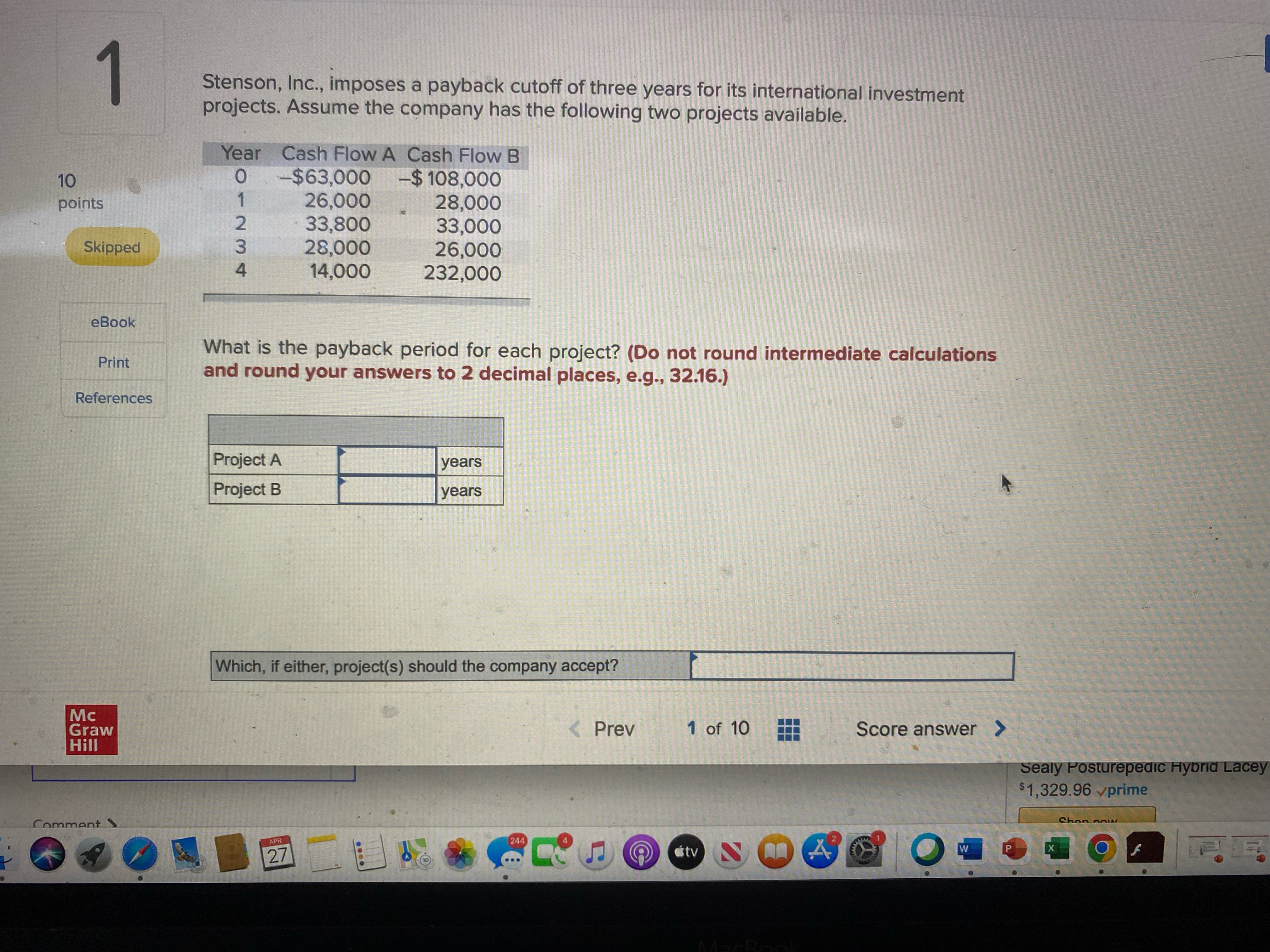 Stenson, Inc., imposes a payback cutoff of three