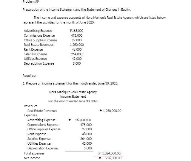 Problem #9 Preparation of the Income Statement