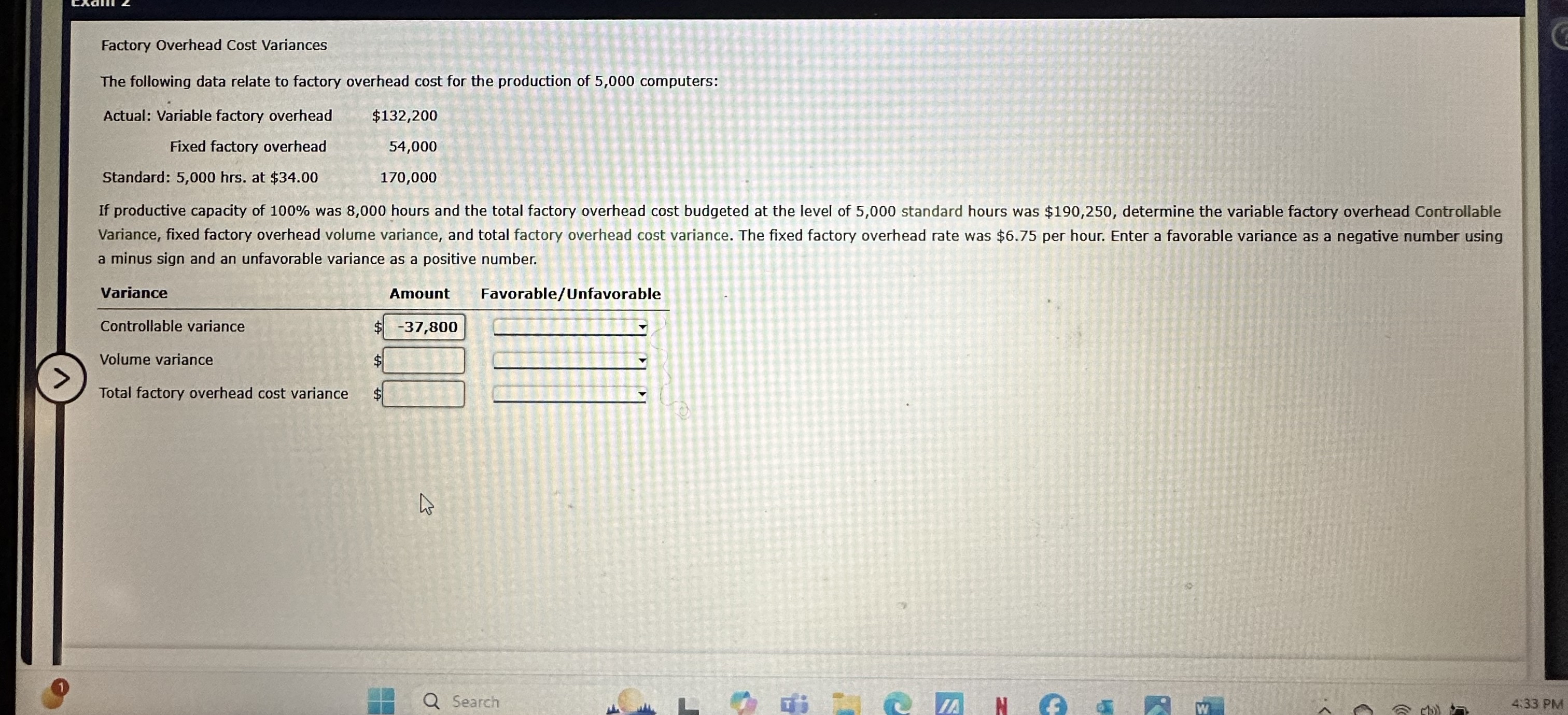 Factory Overhead Cost Variances The following