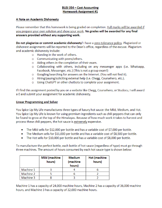 BUSI 354 - Cost Accounting Homework Assignment #1