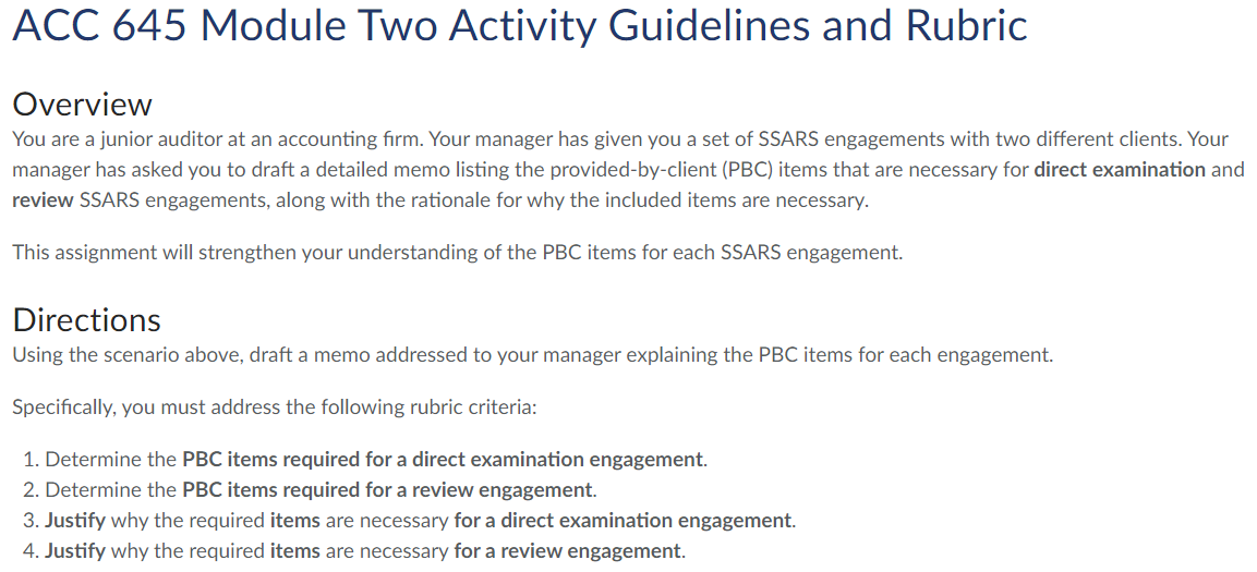 ACC 645 Module Two Activity Guidelines and Rubric