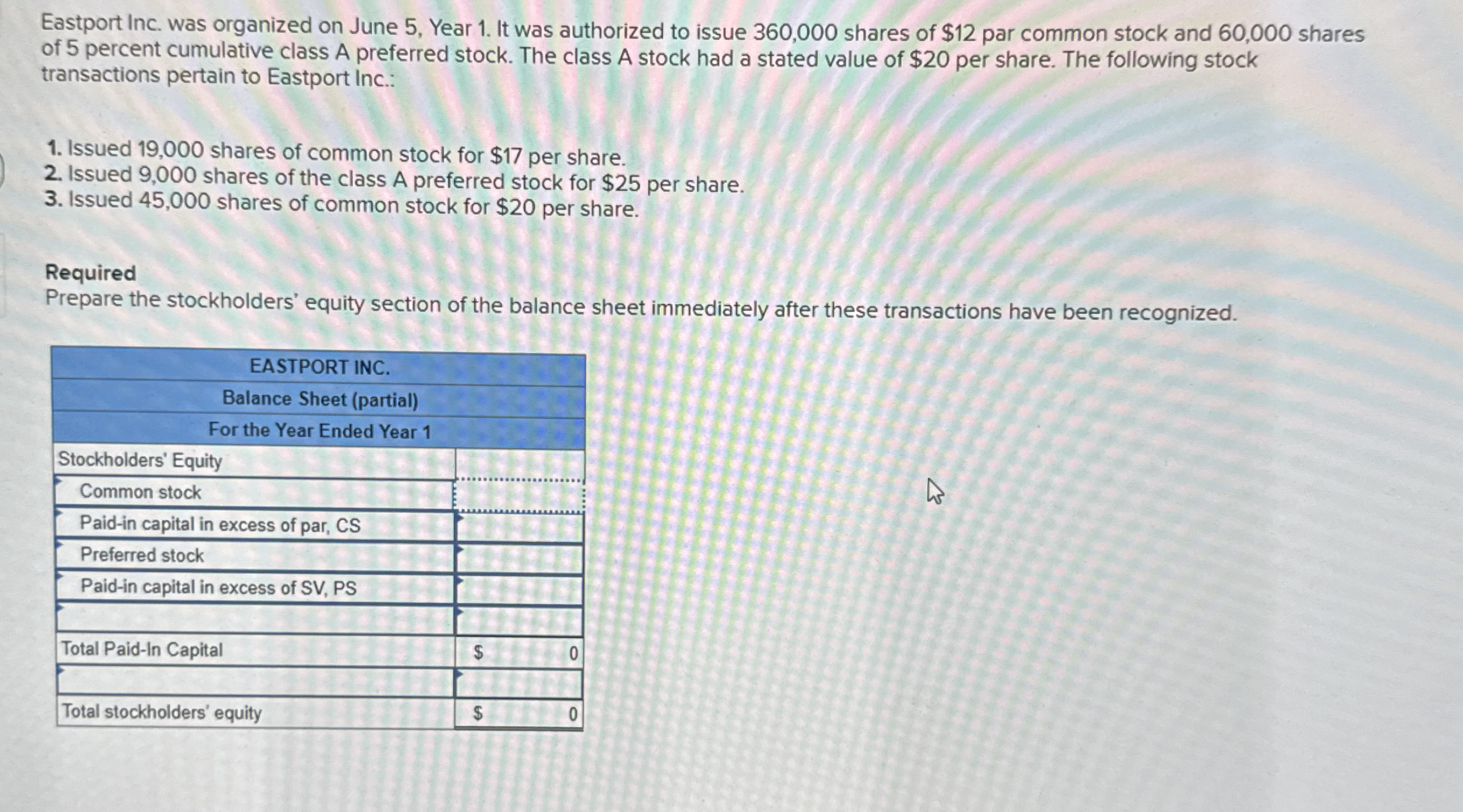 Eastport Inc. was organized on June 5 , Year 1 .