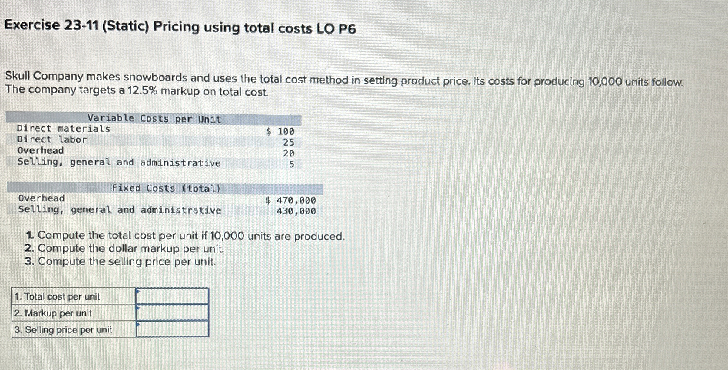 Exercise 2 3 - 1 1 ( Static ) Pricing using total