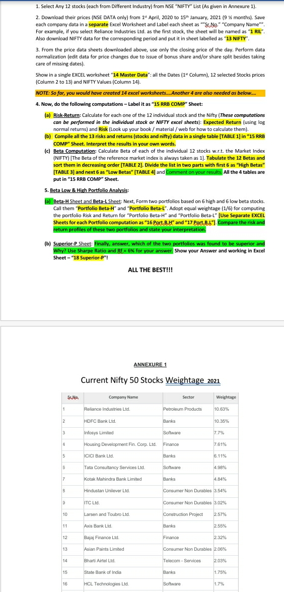 please help 1. Select Any 12 stocks (each from