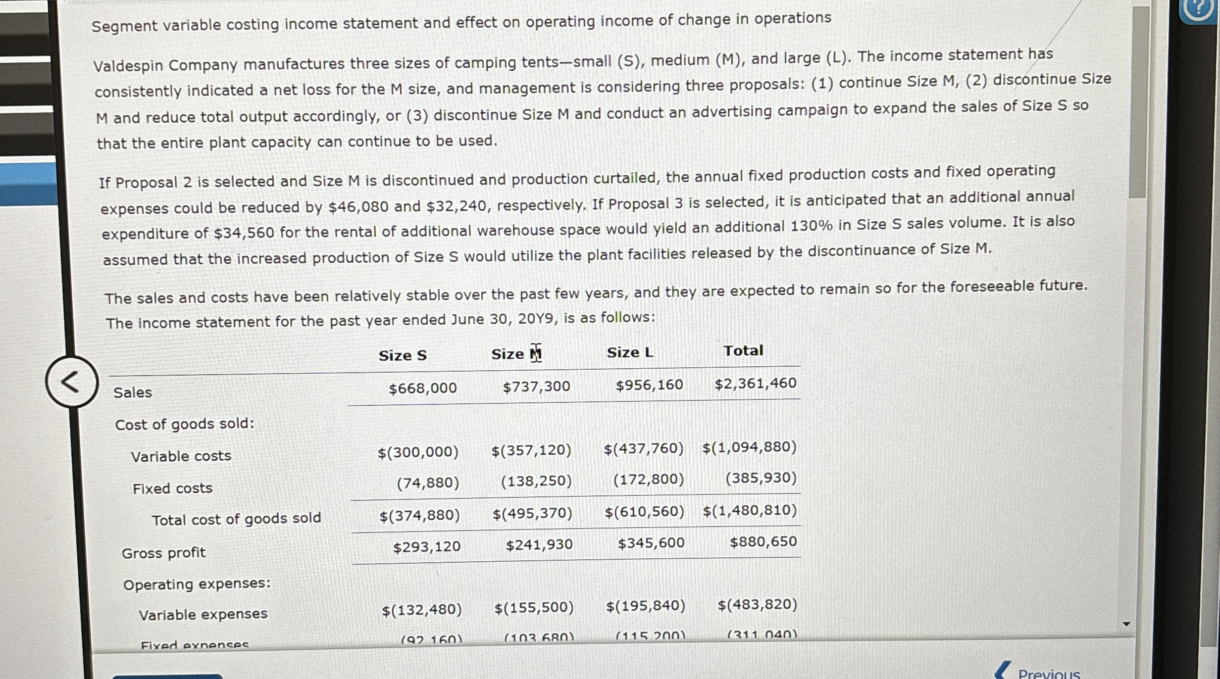 Segment variable costing income statement and