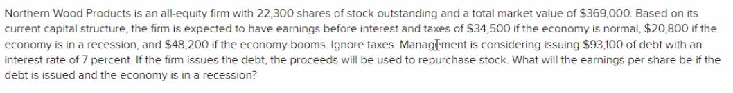 Northern Wood Products is an all-equity firm with