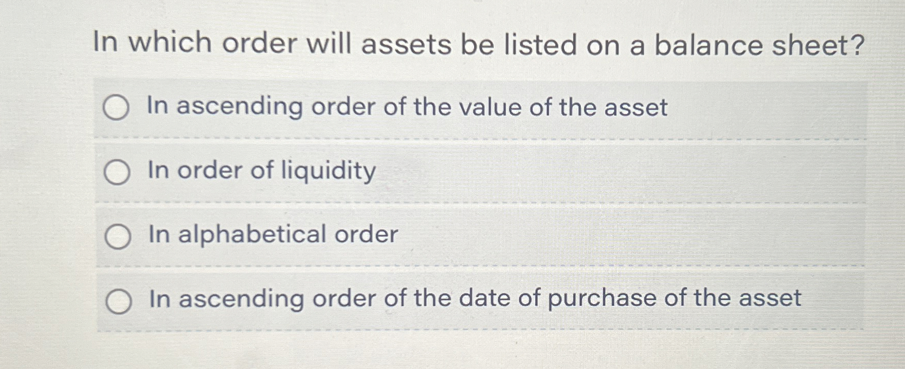 In which order will assets be listed on a balance