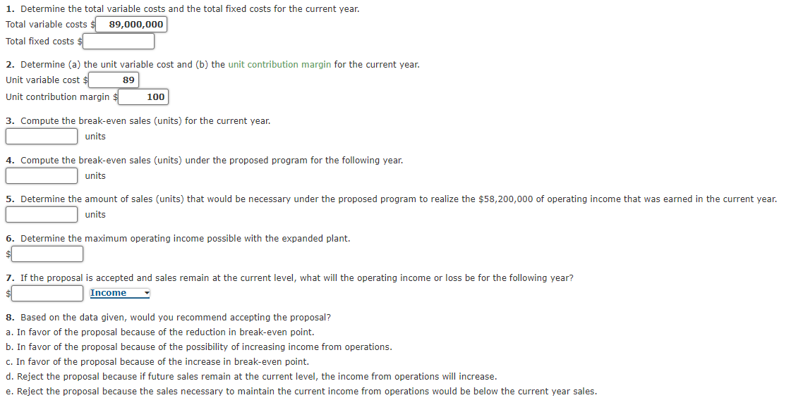 Break-even sales under present and proposed