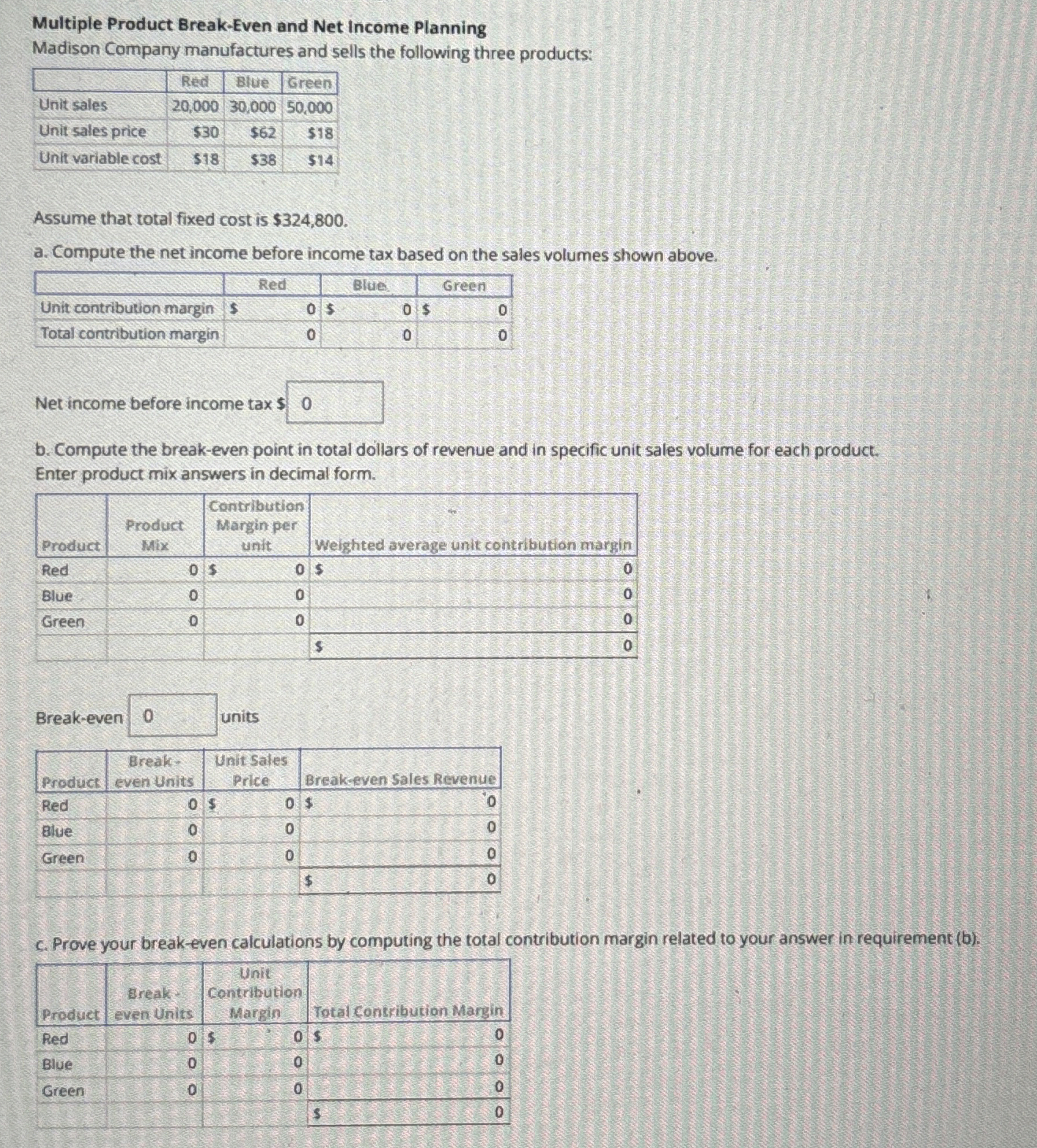 Multiple Product Break - Even and Net Income