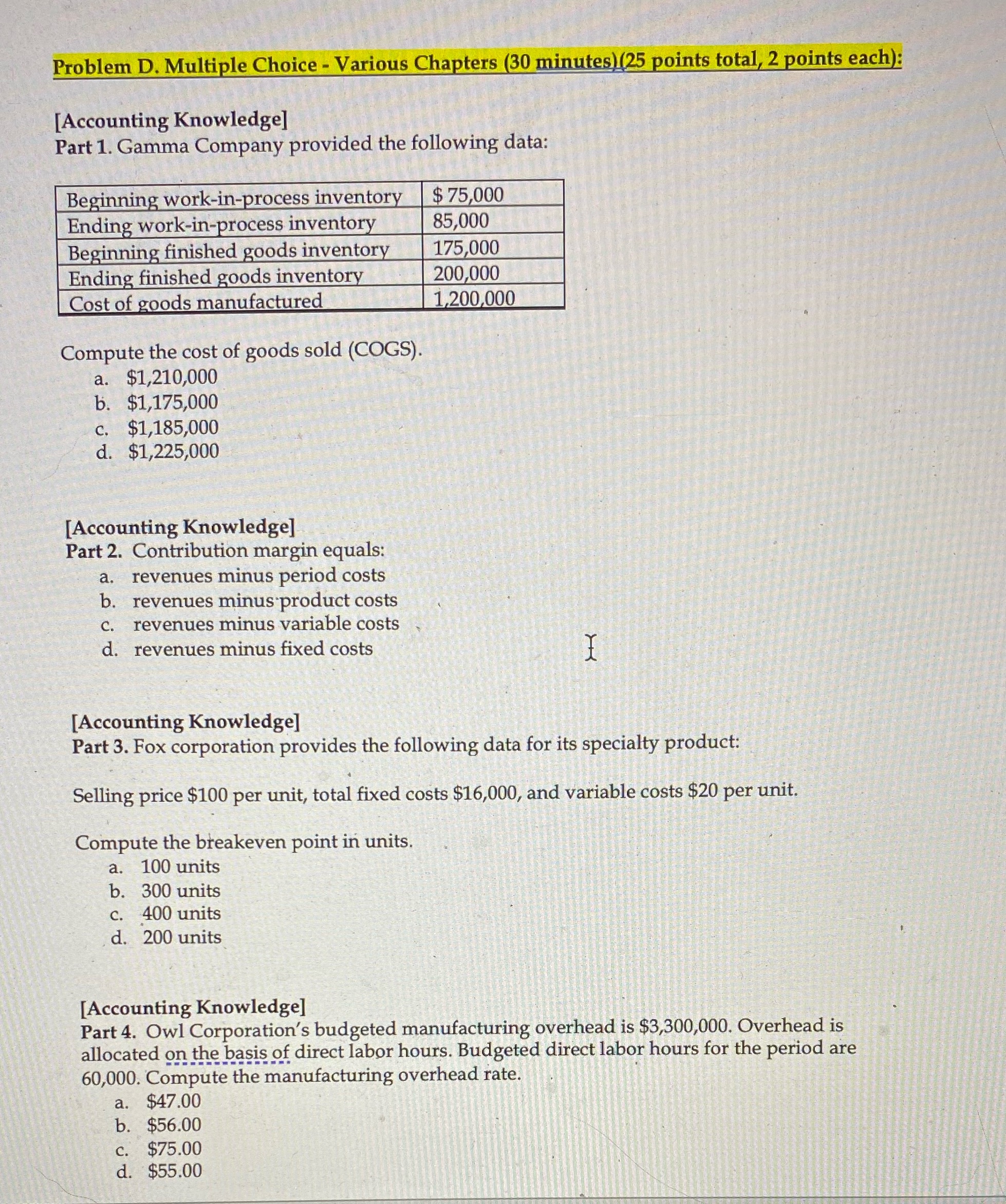 Problem D. Multiple Choice - Various Chapters (30