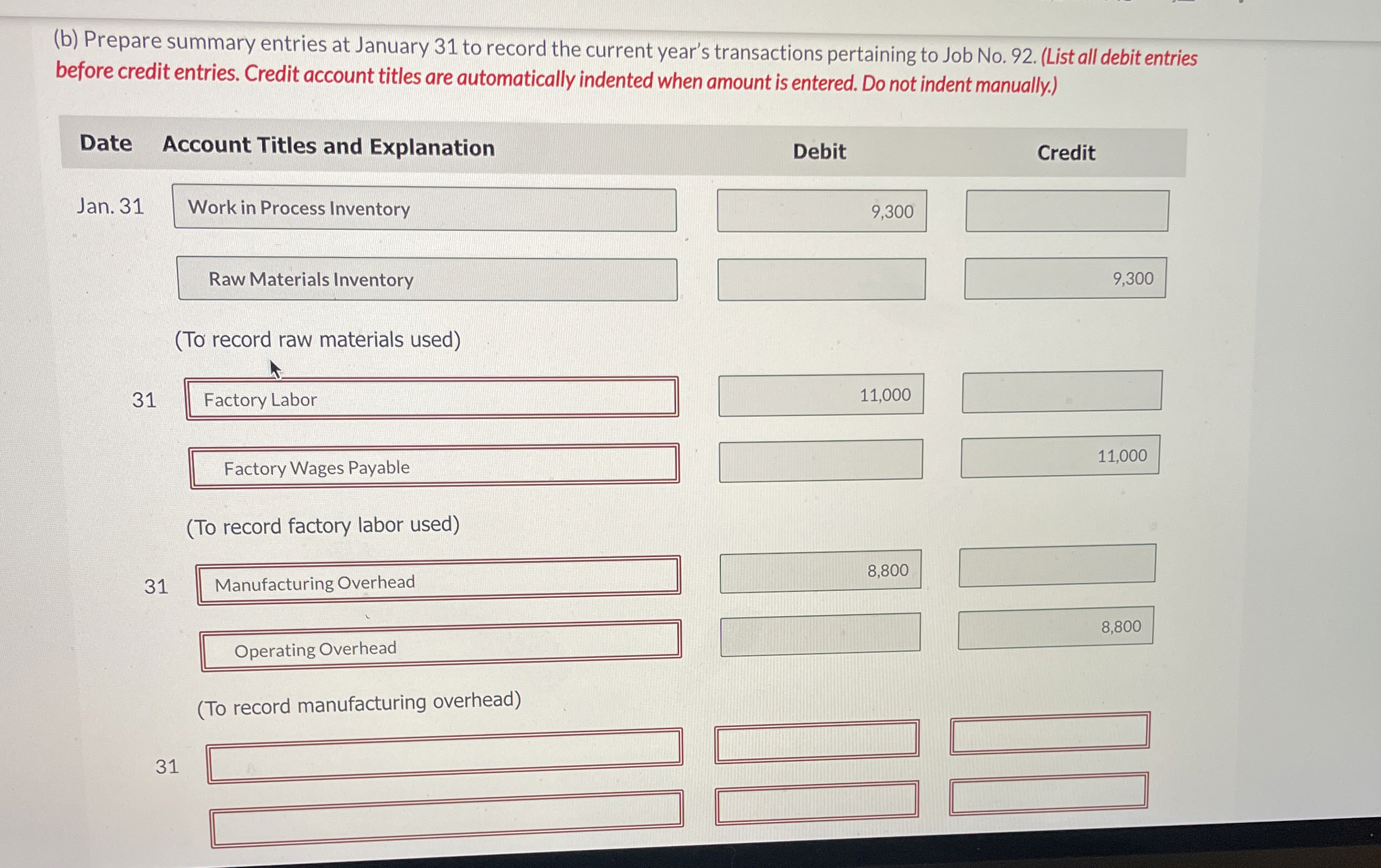 ( b ) Prepare summary entries at January 3 1 to