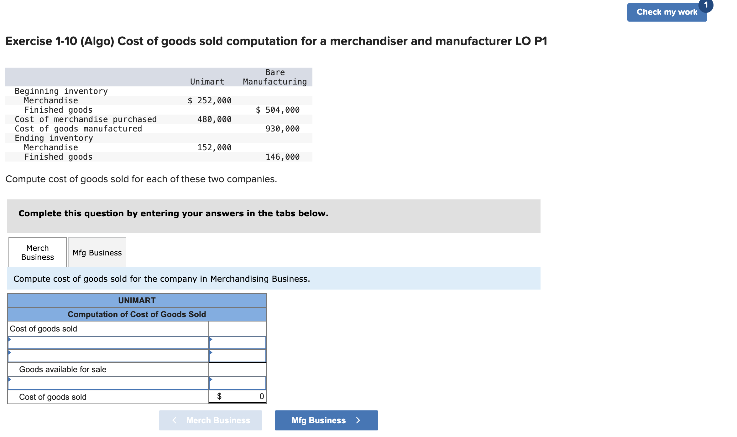 Exercise 1 - 1 0 ( Algo ) Cost of goods sold
