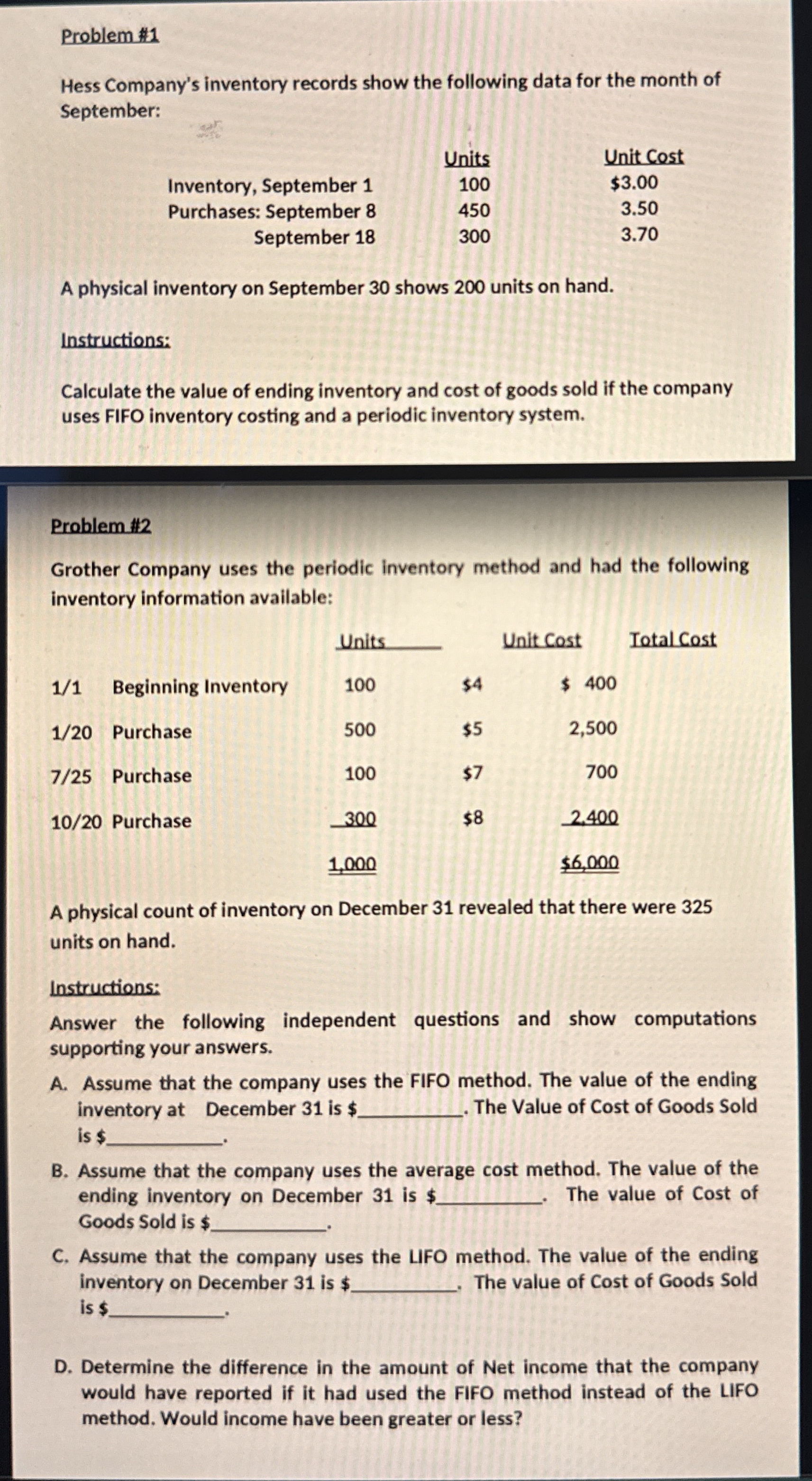 Problem# 1 Hess Company's inventory records show