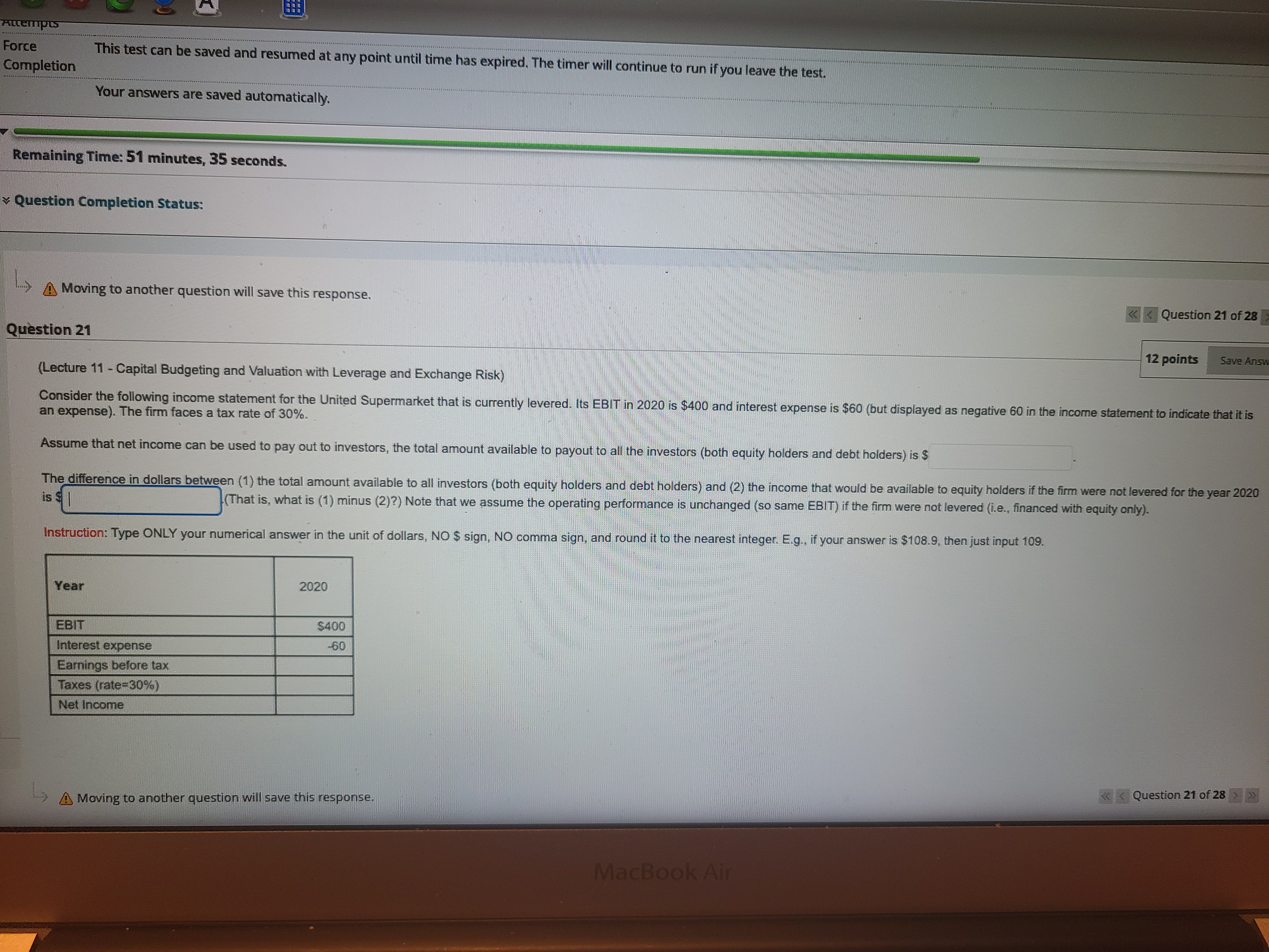 Attempts Force This test can be saved and resumed
