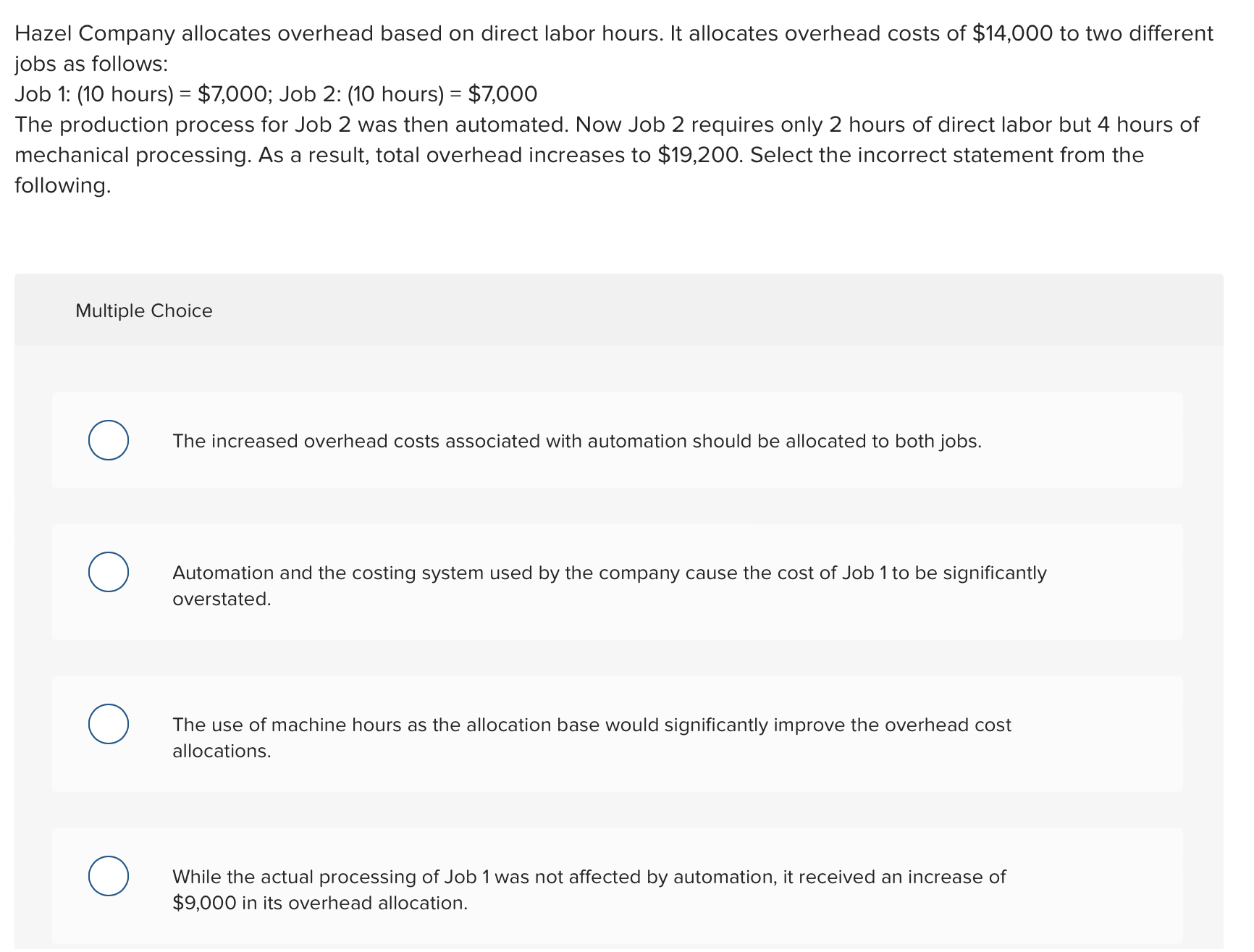 Hazel Company allocates overhead based on direct