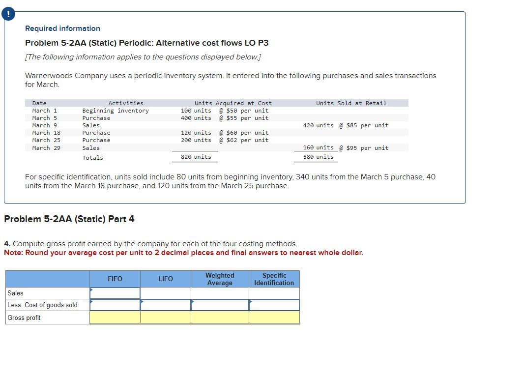 \ ( ! \ ) Required information Problem 5 - 2 AA (