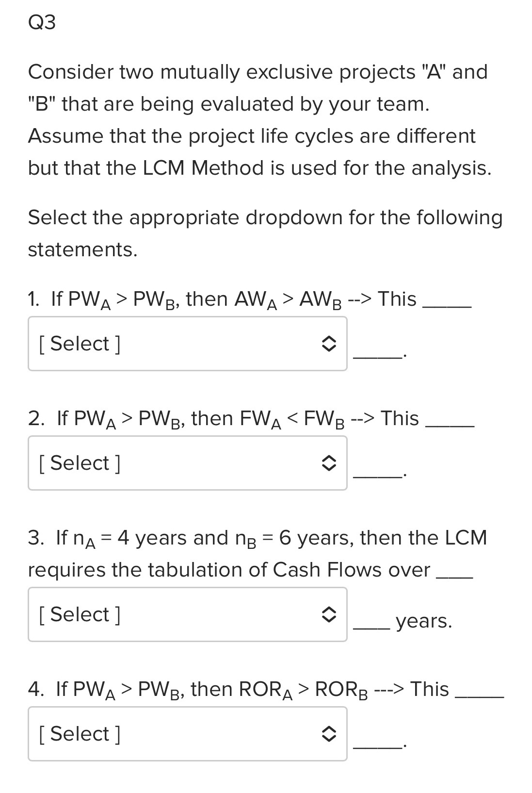 The drop-down options for 1, 2 , and 3 are "is