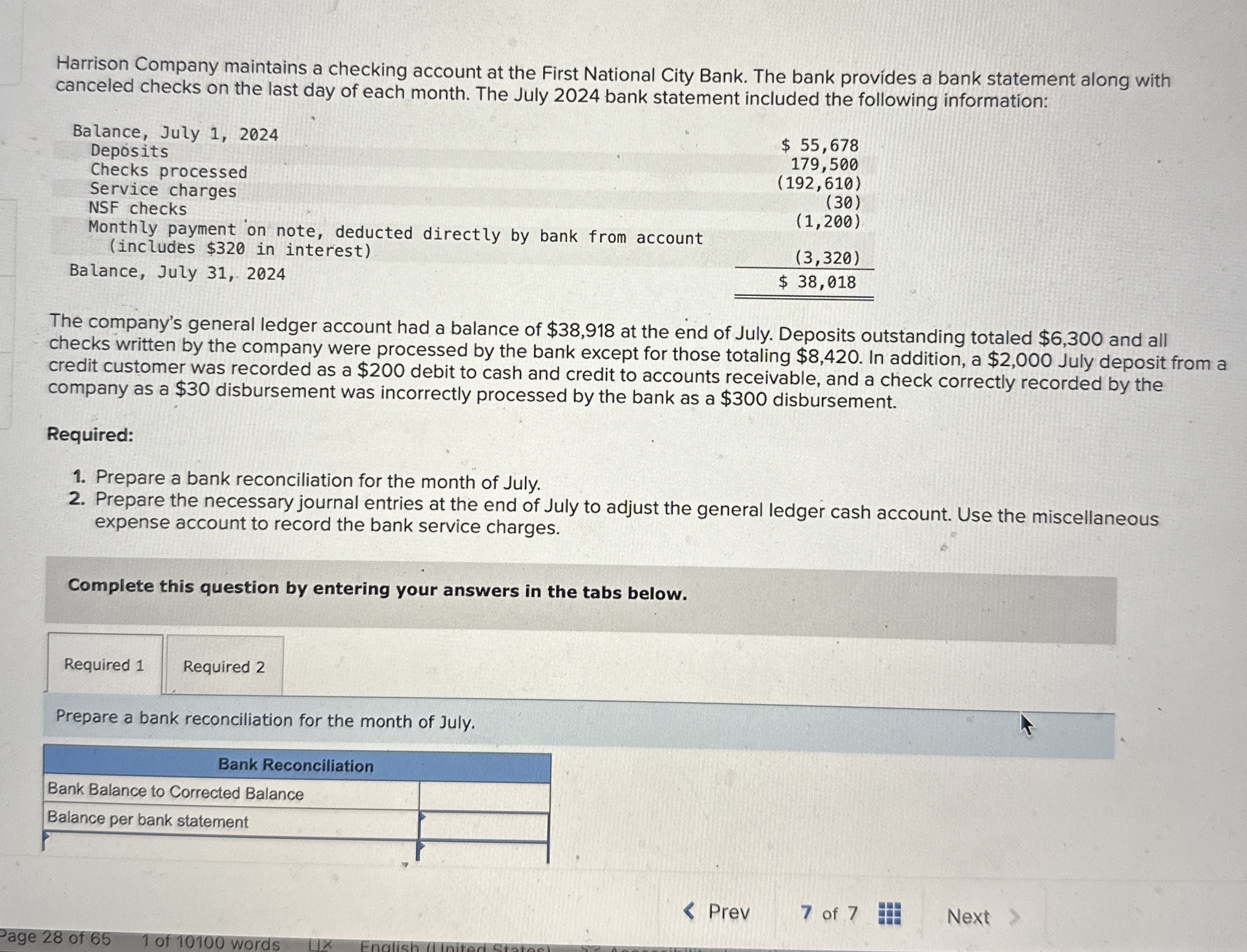Harrison Company maintains a checking account at