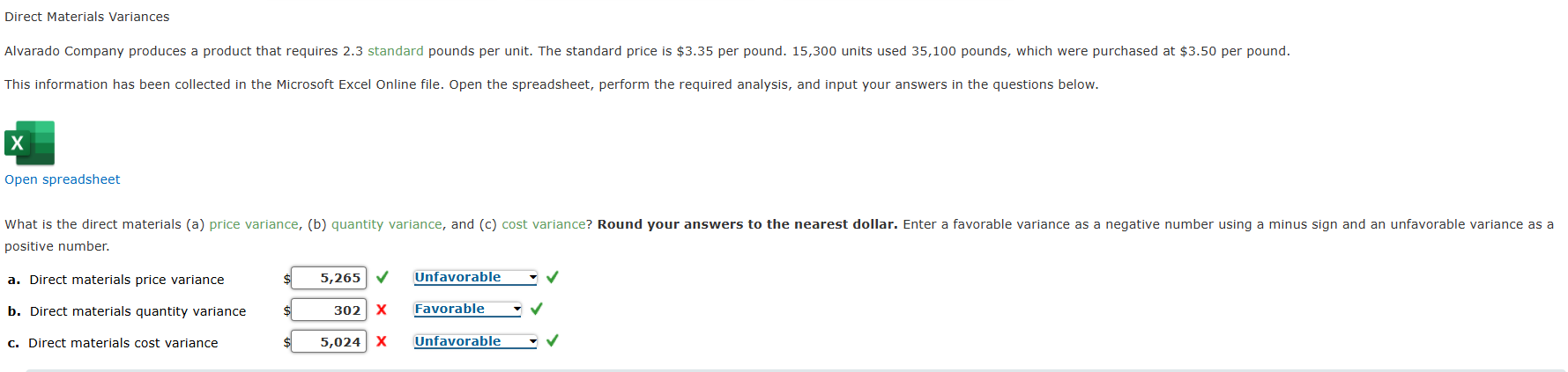 Direct Materials Variances Alvarado Company