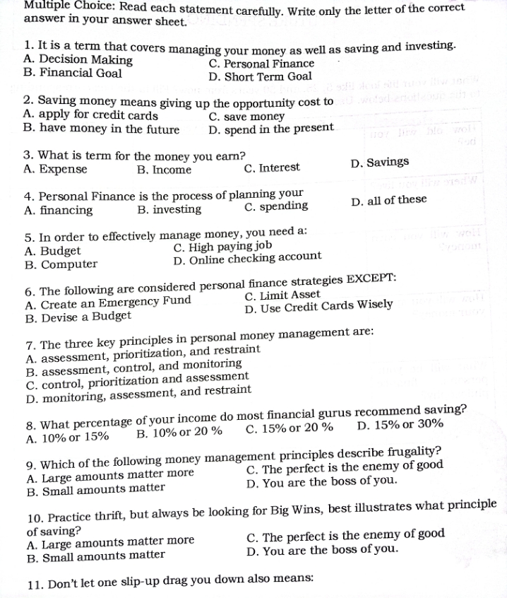 Letter only Multiple Choice: Read each statement