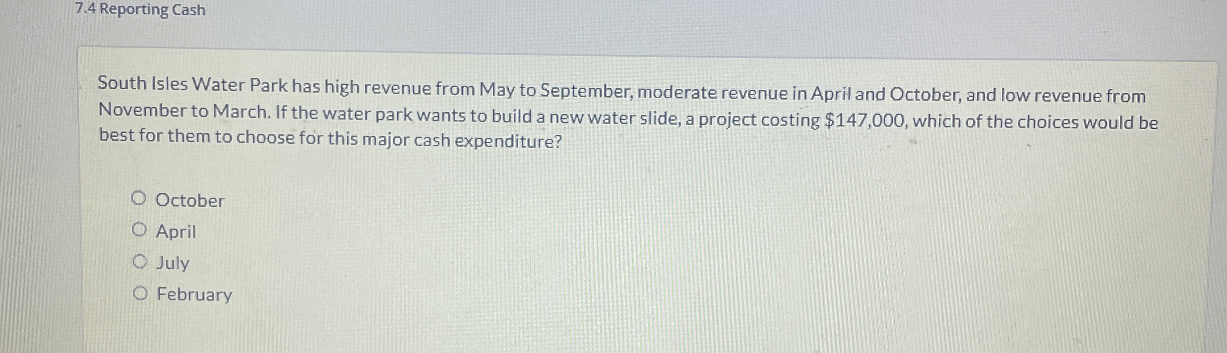7 . 4 Reporting Cash South Isles Water Park has