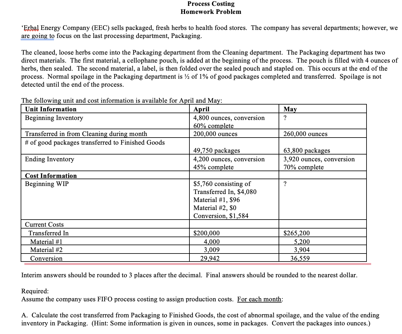 Process Costing Homework Problem Exbal Energy