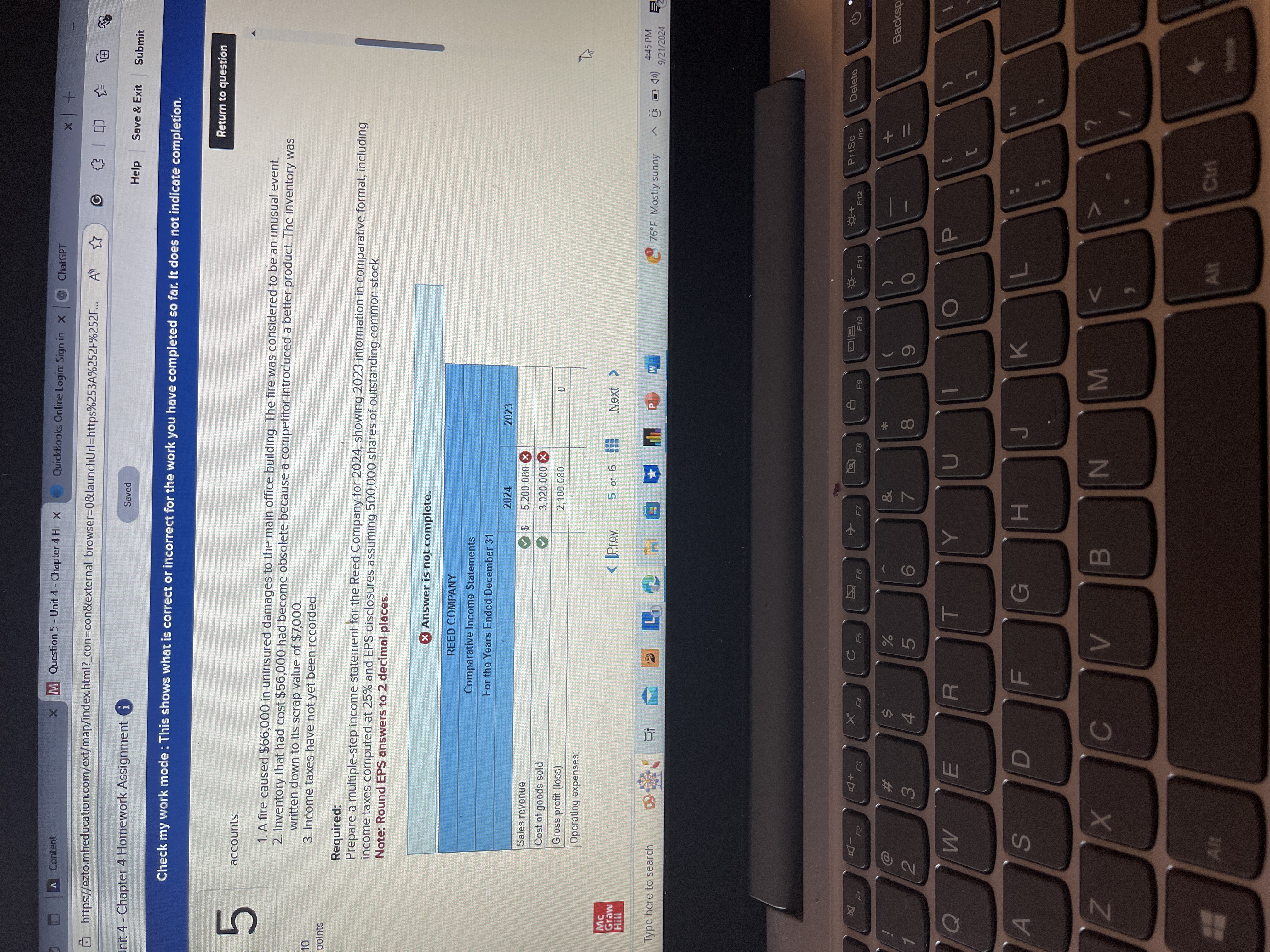 A Content x M Question 5 - Unit 4 - Chapter 4 H X