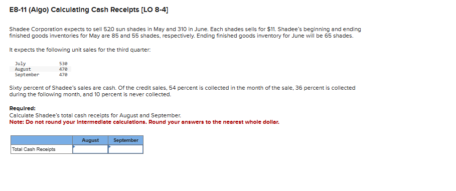 E 8 - 1 1 ( Algo ) Calculating Cash Recelpts [ LO