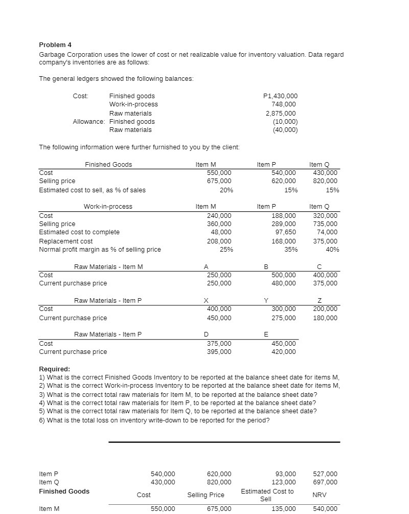 Problem 4 Garbage Corporation uses the lower of