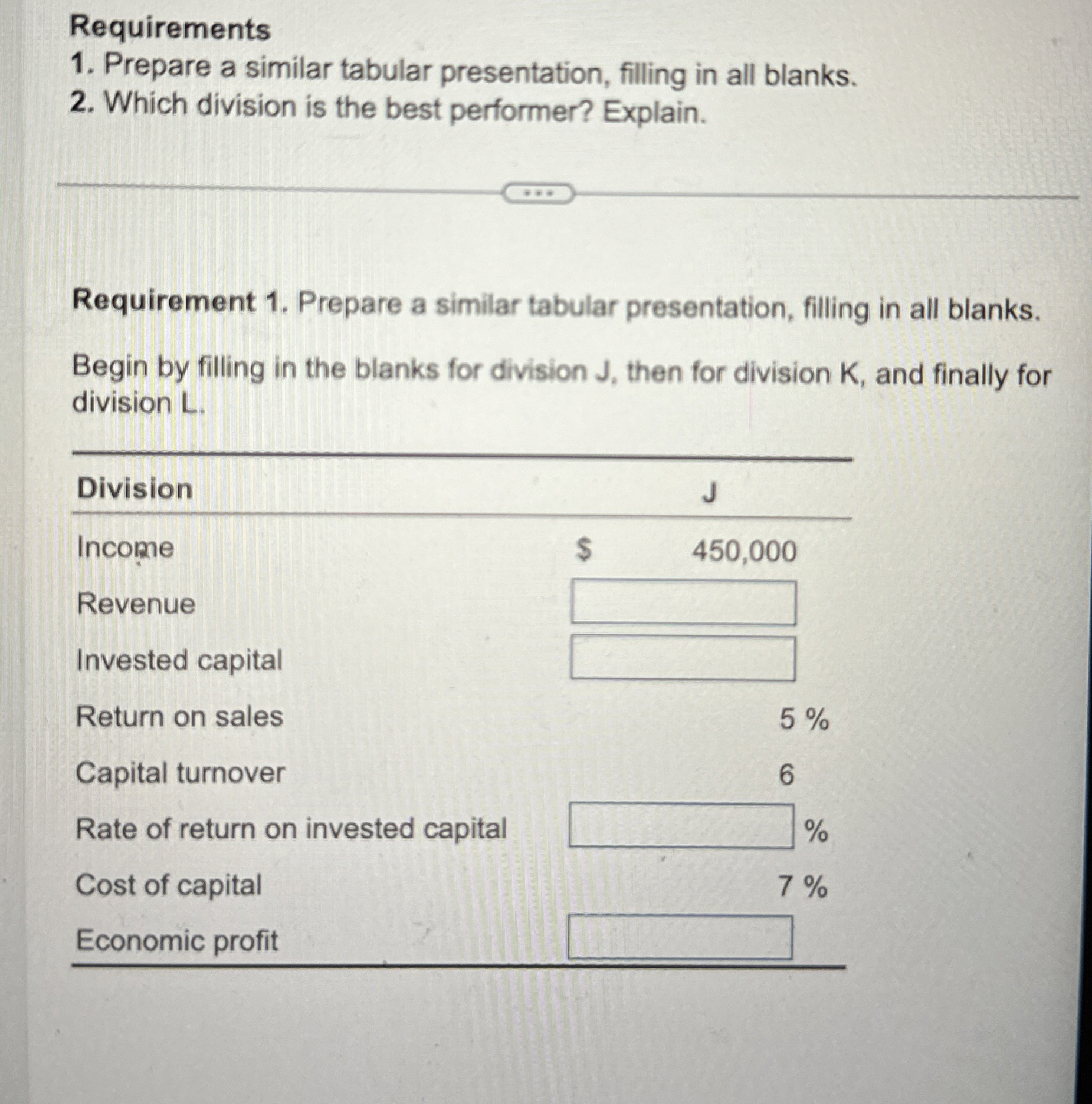 Requirements Prepare a similar tabular