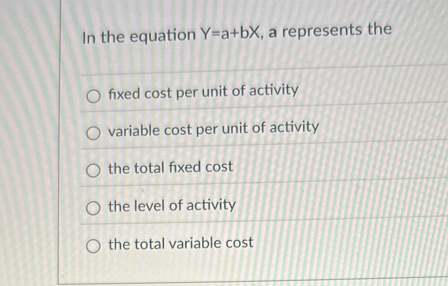 In the equation Y = a + b x , a represents the