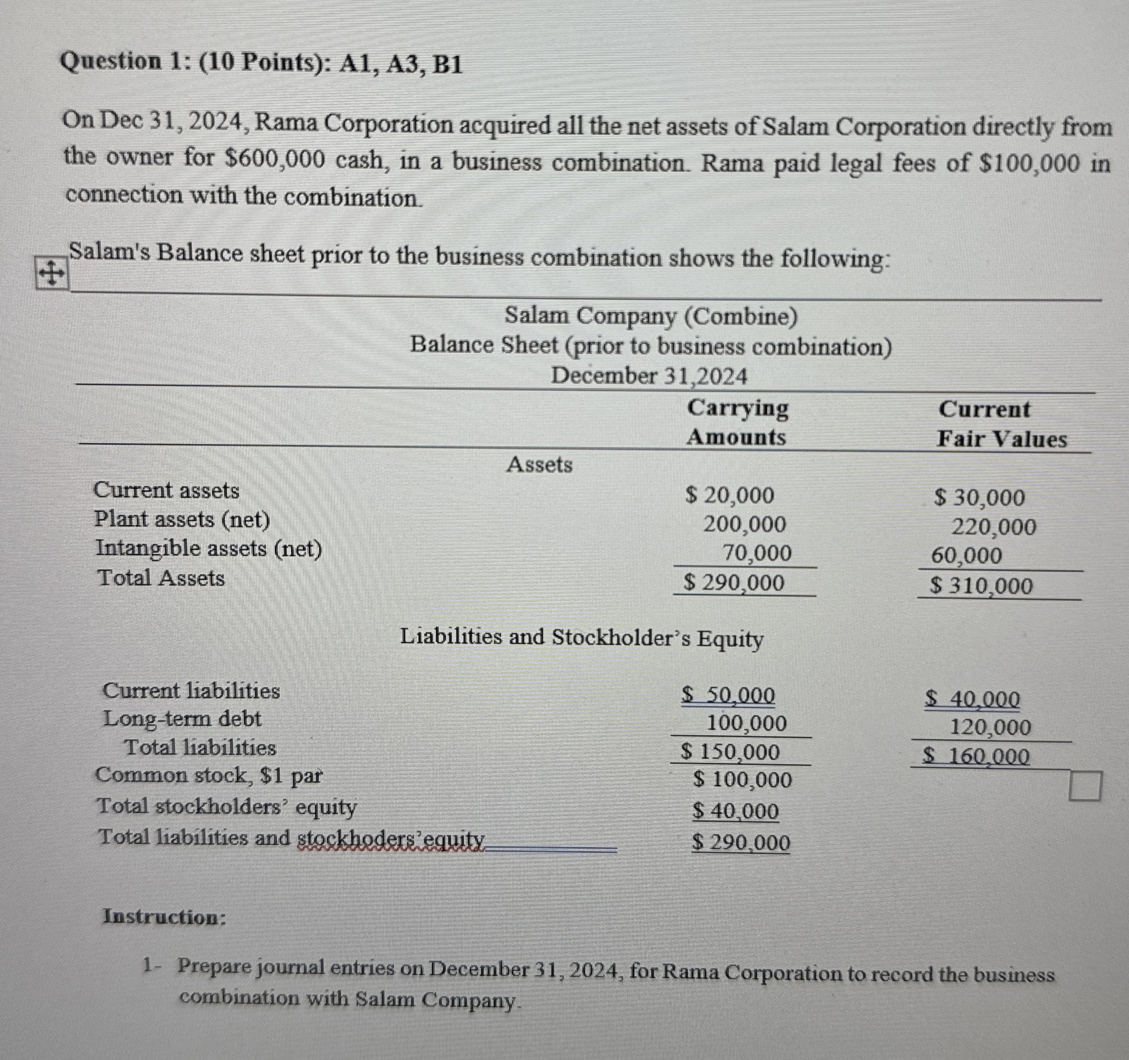 Question 1 : ( 1 0 Points ) : A 1 , A 3 , B 1 On