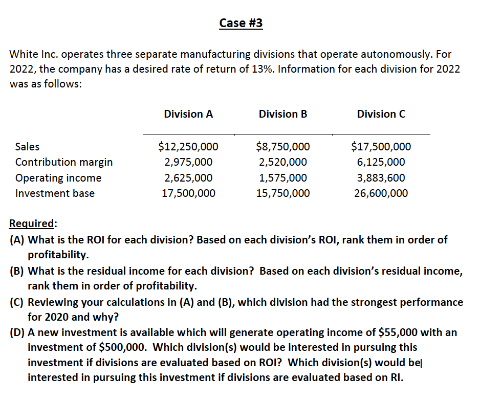 Case #3 White Inc. operates three separate