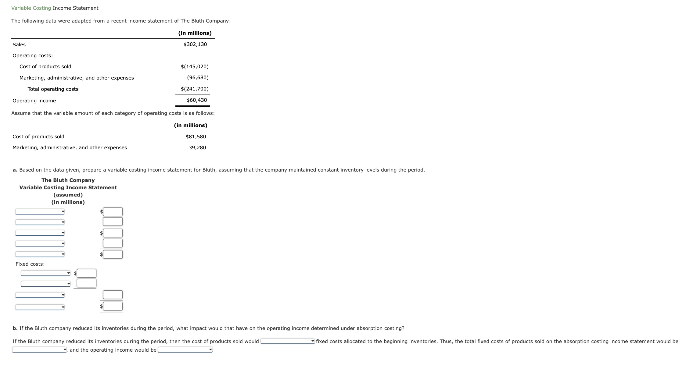 Variable Costing Income Statement The following